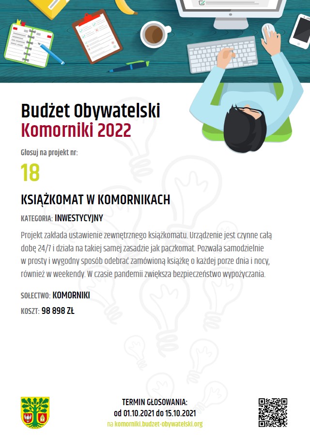 Plakat zachecający do glosowania na Książkomat w Komornikach, projekt zgłoszony w Budżecie Obywatelskim